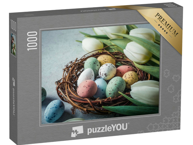 puzzle 1000 dílků „Barevná velikonoční křepelčí vajíčka s bílými tulipány“