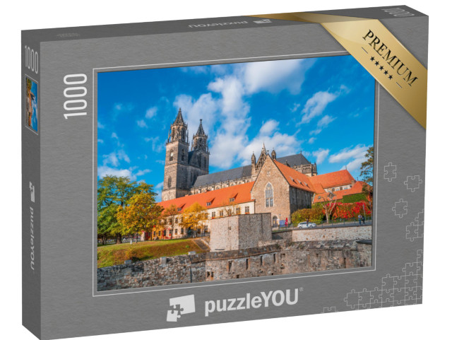 puzzle 1000 dílků „Nádherná katedrála v Magdeburgu při západu slunce na podzim, Sasko-Anhaltsko“