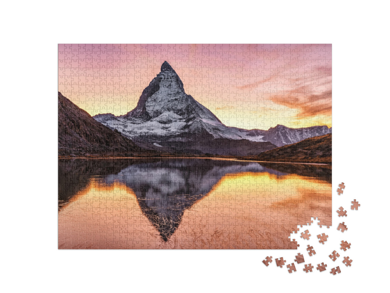 puzzle 1000 dílků „Nádherný západ slunce na Matterhornu a Riffelsee, Švýcarsko“