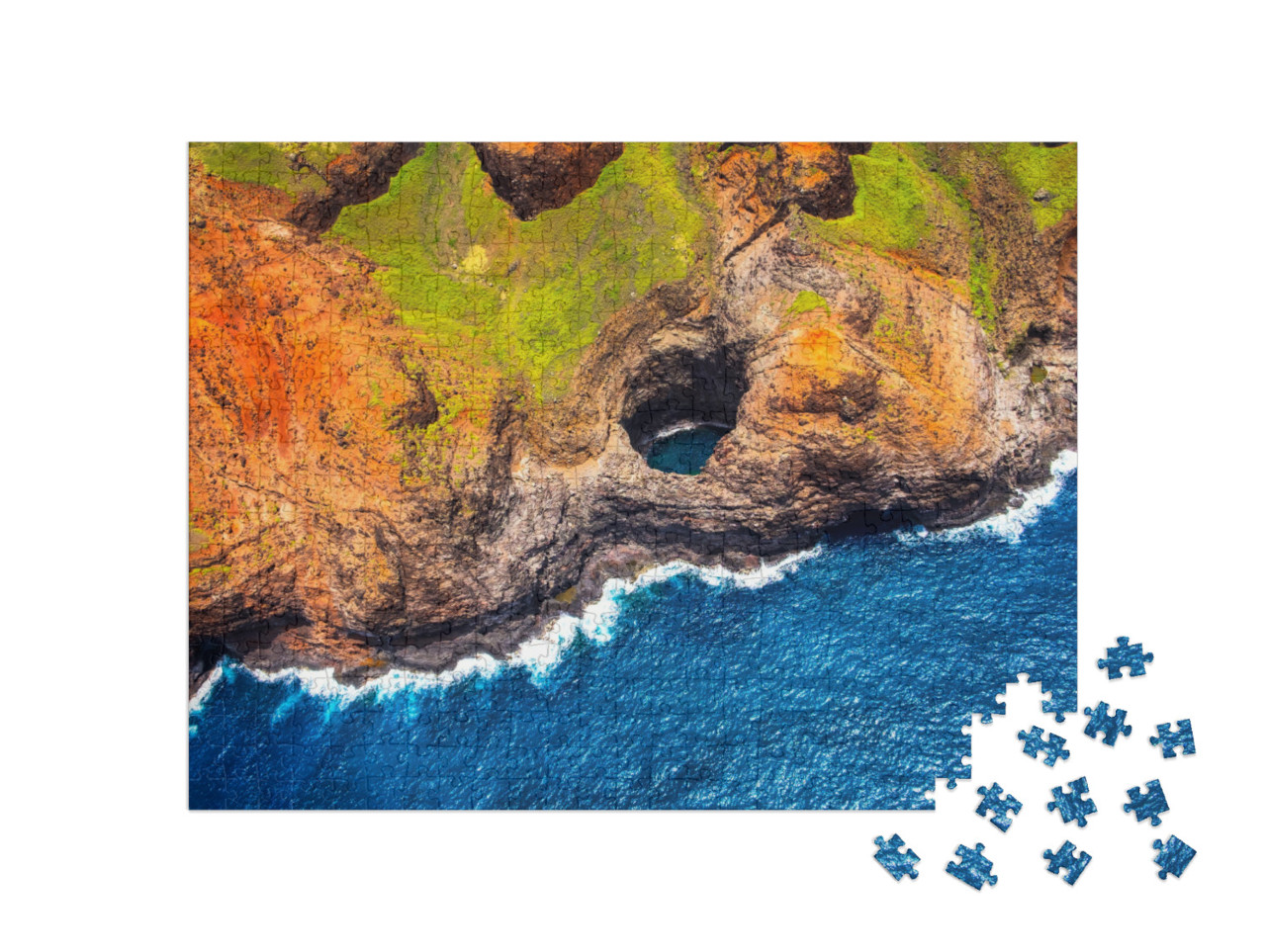 puzzle 500 dílků „Letecký pohled na pobřeží Na Pali s otevřenou jeskyní, Kauai, Hawaii“