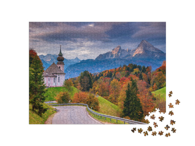 puzzle 1000 dílků „Kostel Maria Gern a Watzmann na podzim, Bavorsko, Německo“