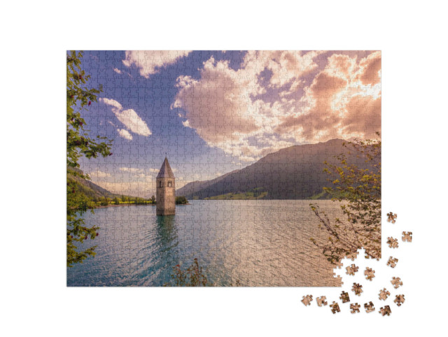 puzzle 1000 dílků „Potopená zvonice v Rešenském jezeře, Jižní Tyrolsko“