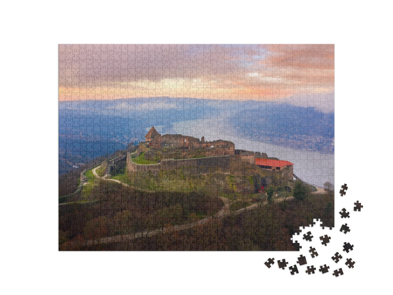 puzzle 1000 dílků „Hrad Visegrád za atmosférického zimního rána, Maďarsko“