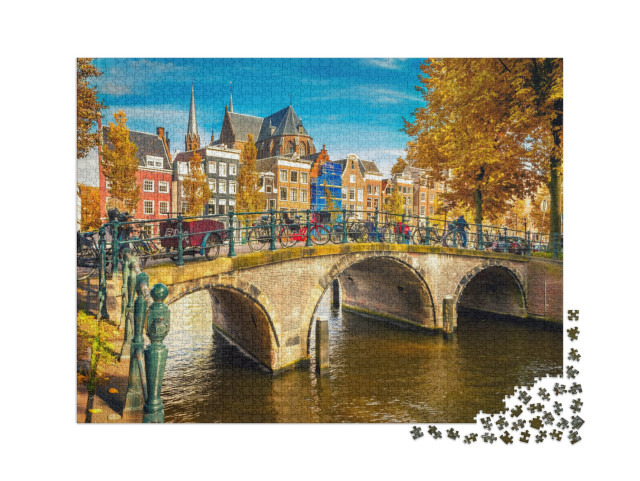 puzzle 2000 dílků „Mosty přes kanály v Amsterdamu na podzim, Nizozemsko“