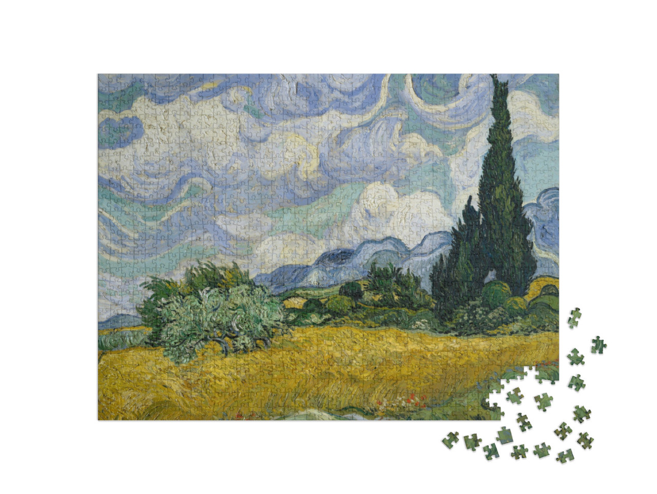 puzzle 1000 dílků „Pšeničné pole s cypřiši, Vincent Van Gogh, 1889“