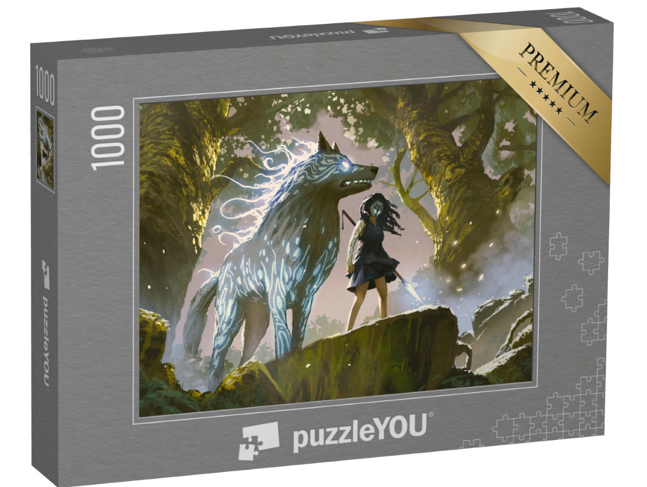 puzzle 1000 dílků „Divoká dívka stojící s vlkem v lese, digitální umělecký styl“