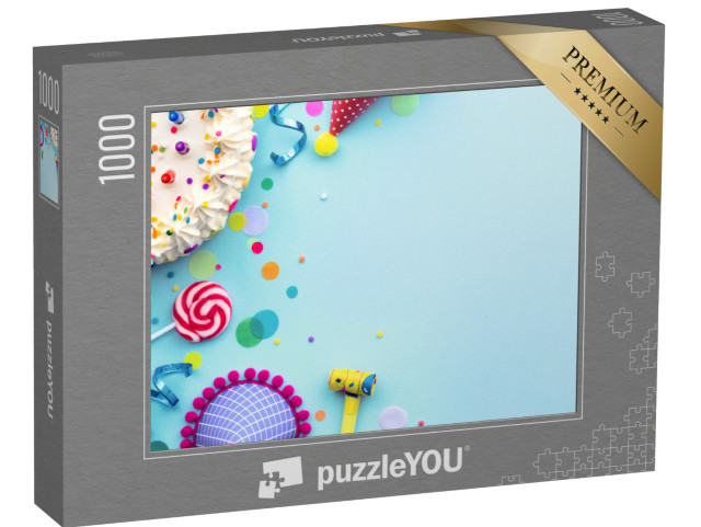 puzzle 1000 dílků „Barevné pozadí narozeninové oslavy s narozeninovým dortem a...“