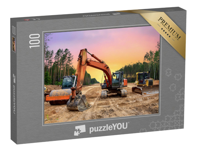 puzzle 100 dílků „Buldozery, bagry a zhutňovače zeminy pro silniční stavby“