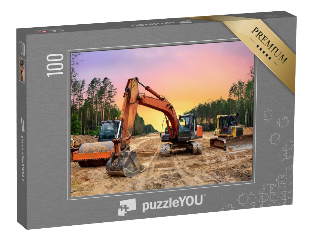 puzzle 100 dílků „Buldozery, bagry a zhutňovače zeminy pro silniční stavby“