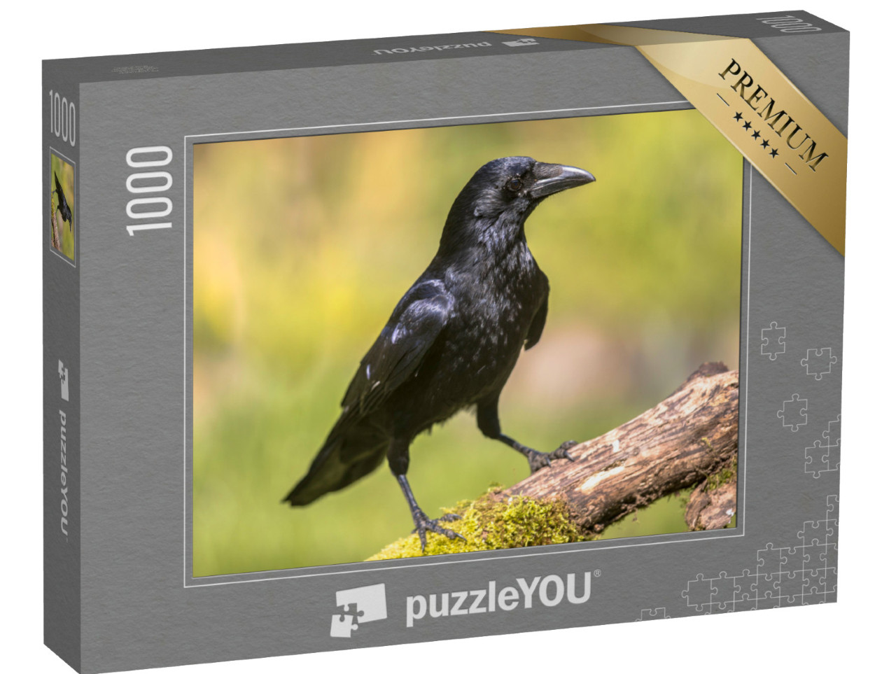 puzzle 1000 dílků „Černá mrchožravá vrána na mechem porostlém kmeni stromu“