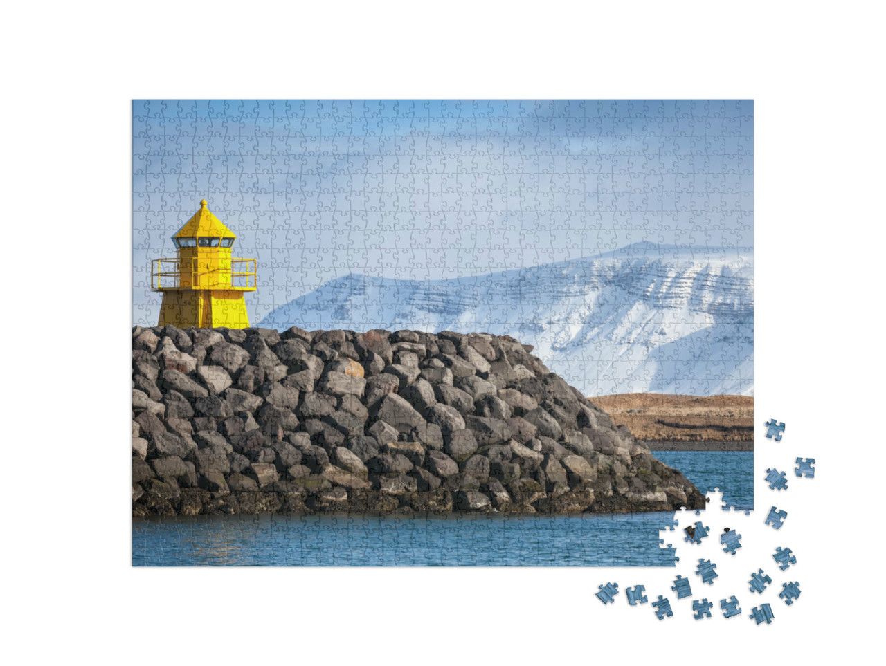 puzzle 1000 dílků „Žlutý maják na kamenném vlnolamu před přístavem v Reykjavíku“