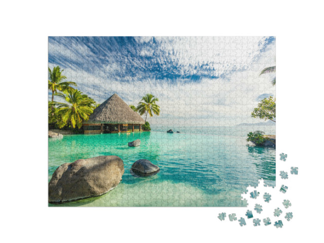 puzzle 1000 dílků „Nekonečný bazén s palmami, ostrov Tahiti, Francouzská Polynésie“
