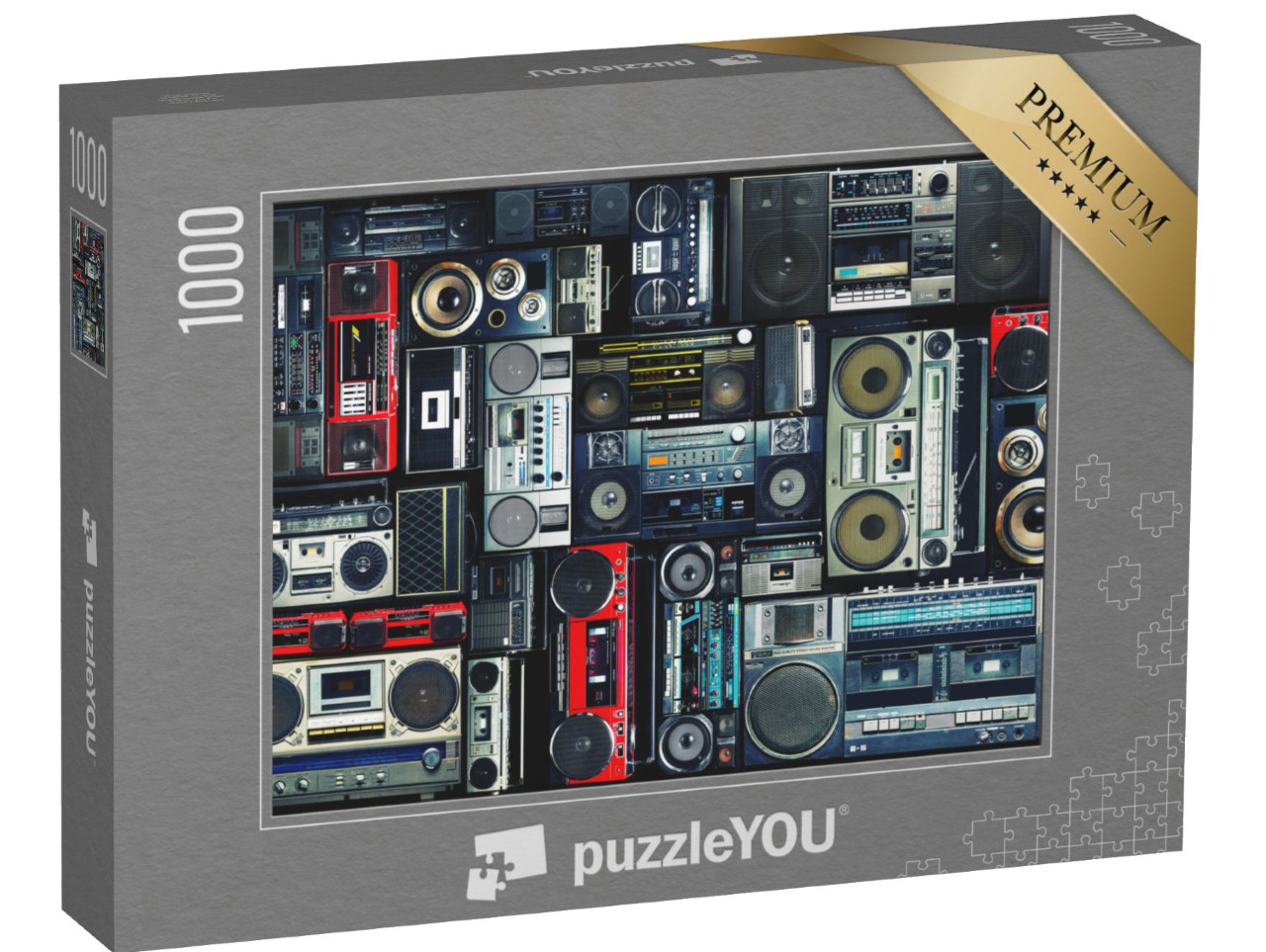 puzzle 1000 dílků „Vintage stěna plná rozhlasových boomboxů z 80. let“