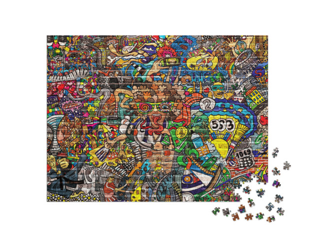 puzzle 1000 dílků „Graffiti. Sportovní koláž na velké cihlové zdi“