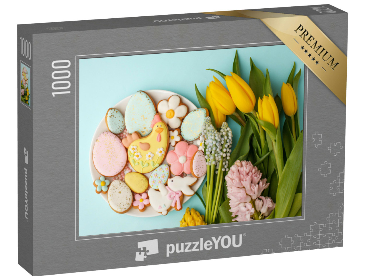 puzzle 1000 dílků „Lahodné velikonoční vaječné sušenky se žlutou slepicí a žlutými tulipány“