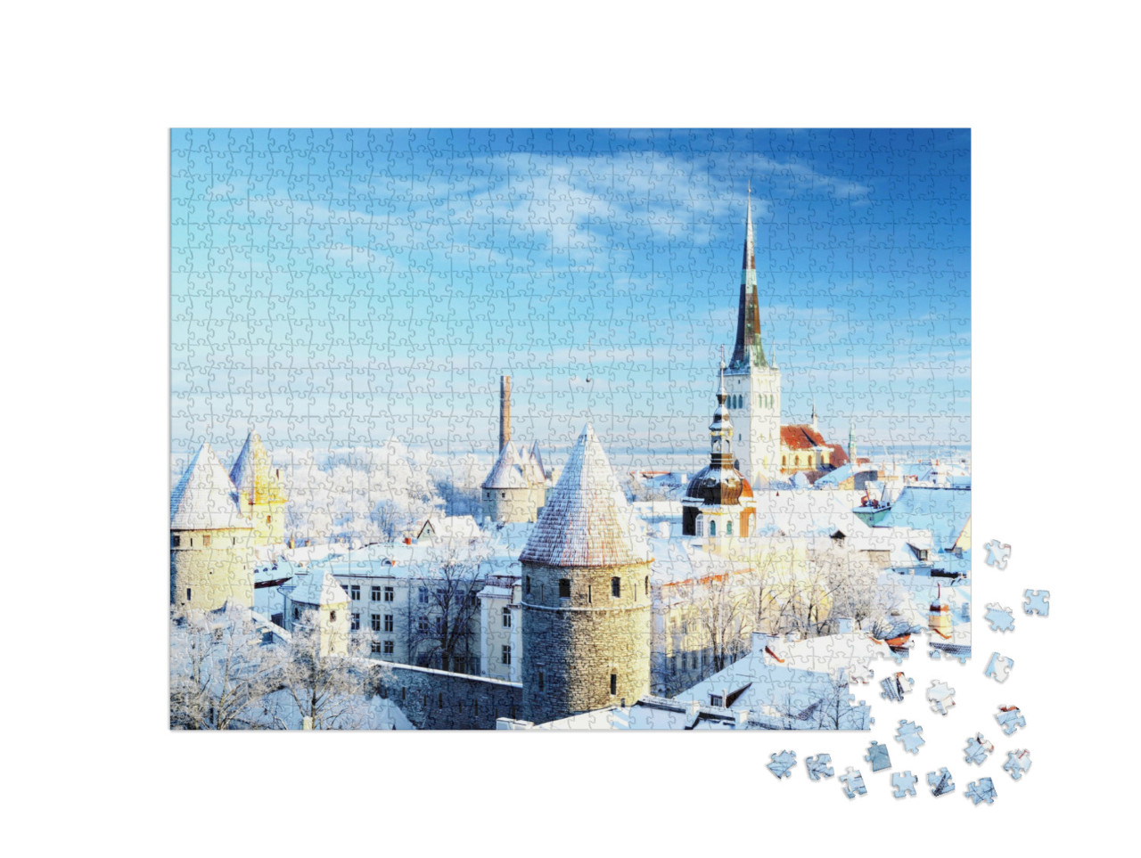 puzzle 1000 dílků „Krásné zasněžené stromy, zima v Tallinnu, Estonsko“