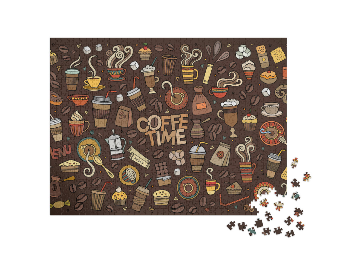 puzzle 1000 dílků „Barevná vektorová grafika: Symboly na téma káva“