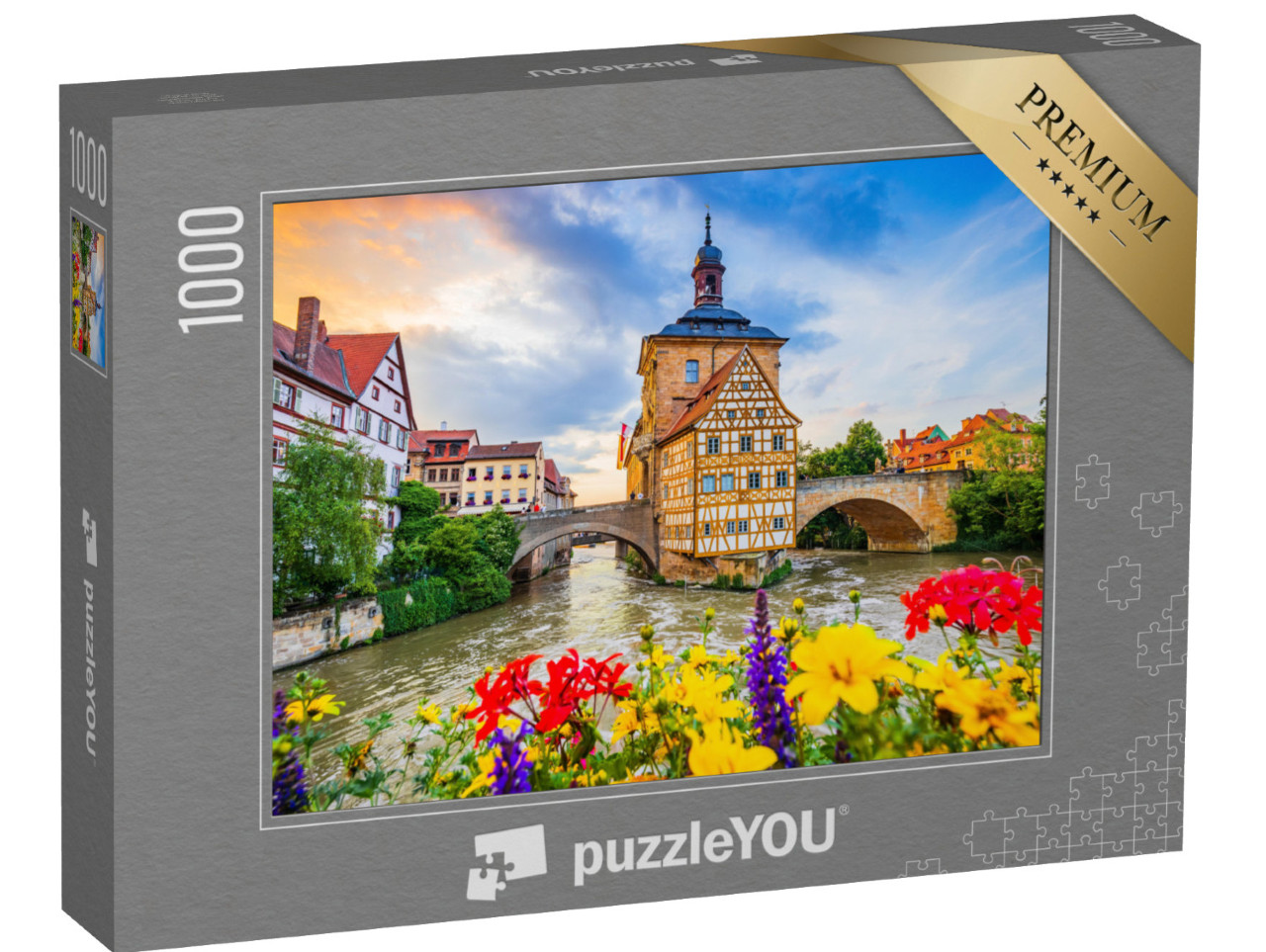 puzzle 1000 dílků „Stará radnice v Bambergu se dvěma mosty přes řeku Regnitz, Bavorsko“