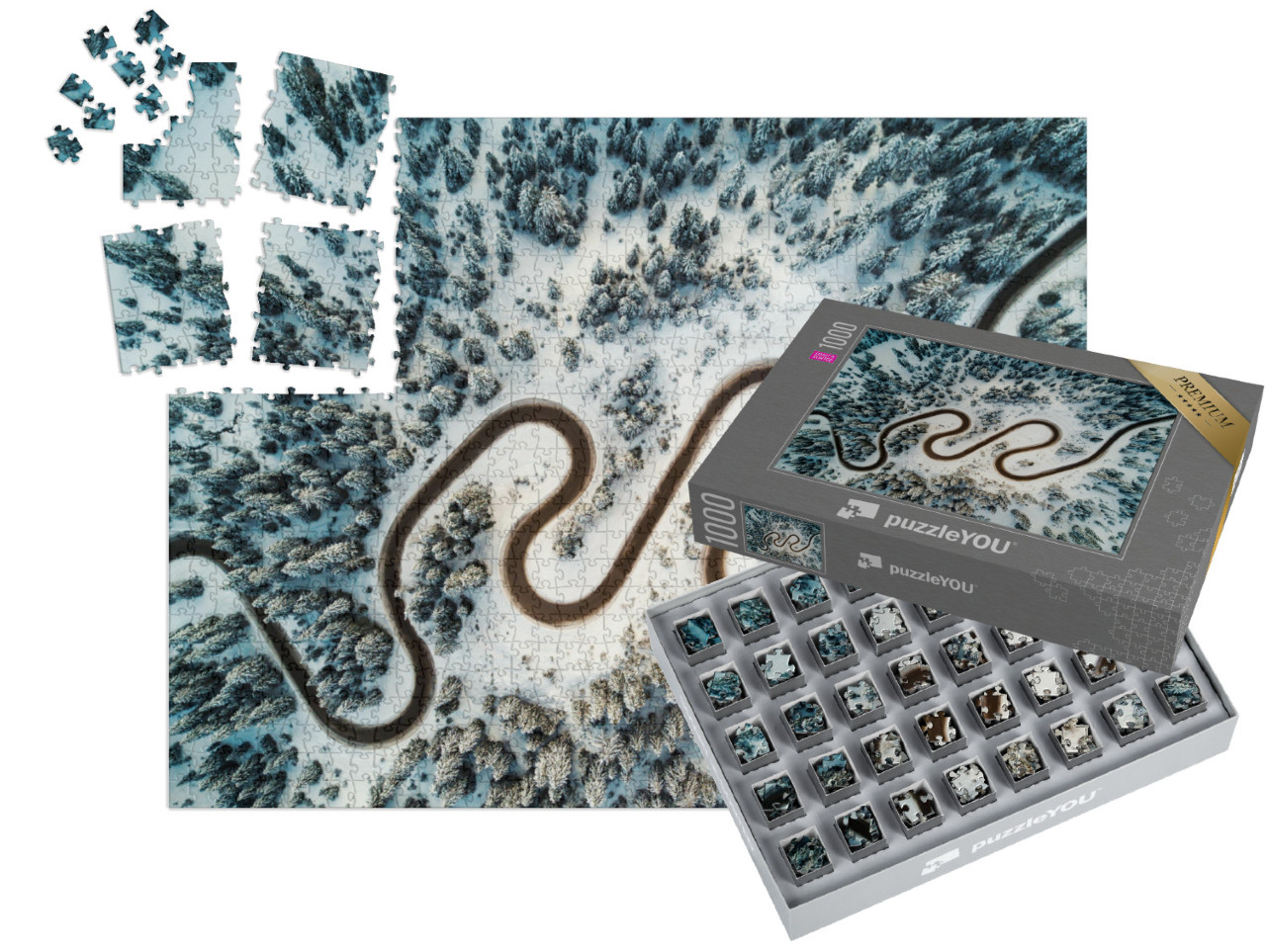 SMART SORTED® | Puzzle 1000 dílků „Pohled z ptačí perspektivy: horská silnice v zimních Dolomitech“