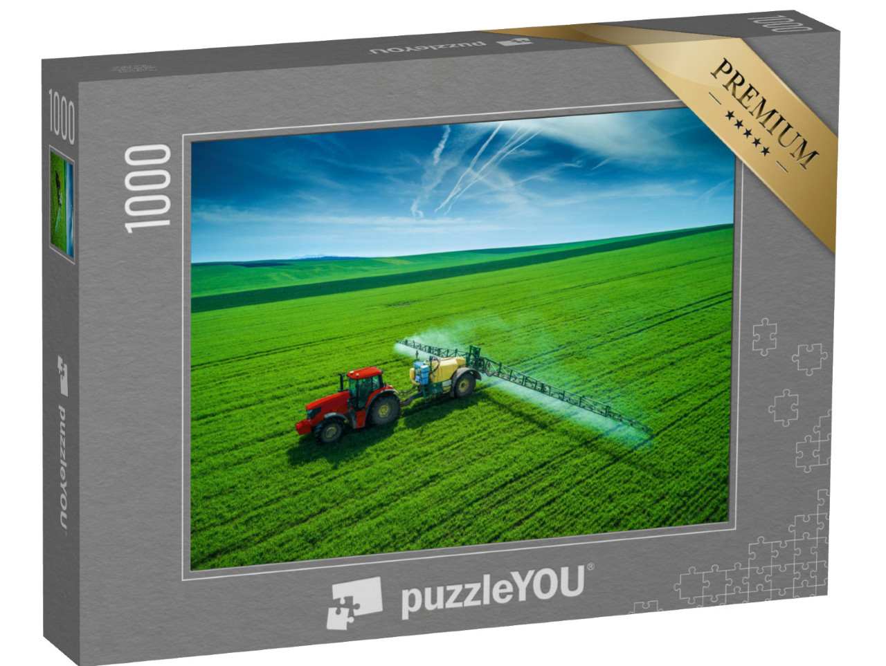 puzzle 1000 dílků „Traktor orající a stříkající na poli“
