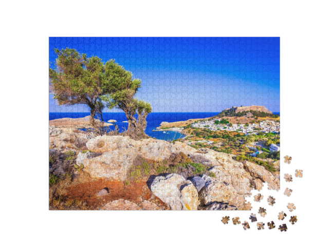 puzzle 1000 dílků „Lindos, vesnice na Rhodosu s akropolí“