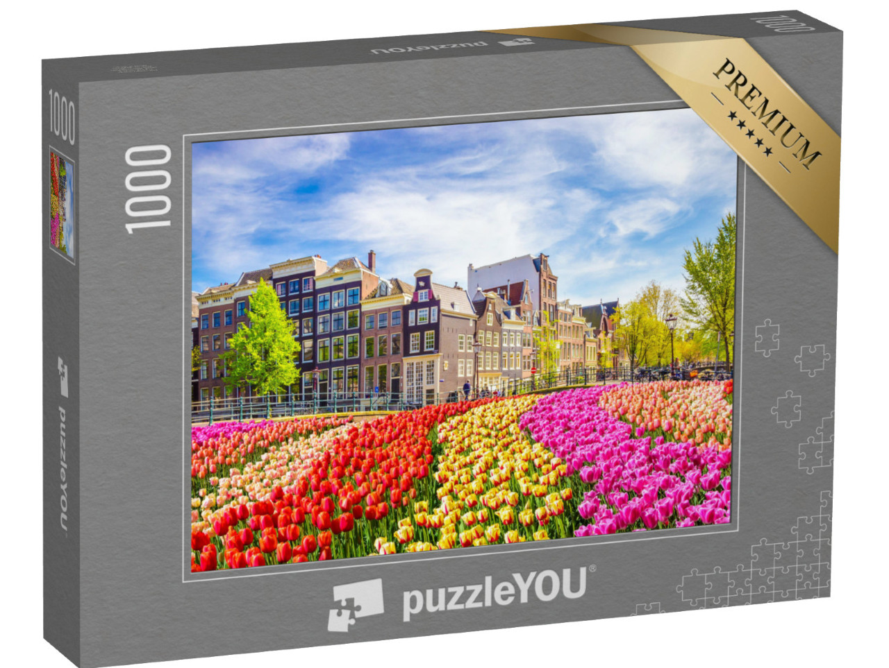 puzzle 1000 dílků „Krásné staré budovy a tulipány v Amsterdamu, Nizozemsko“