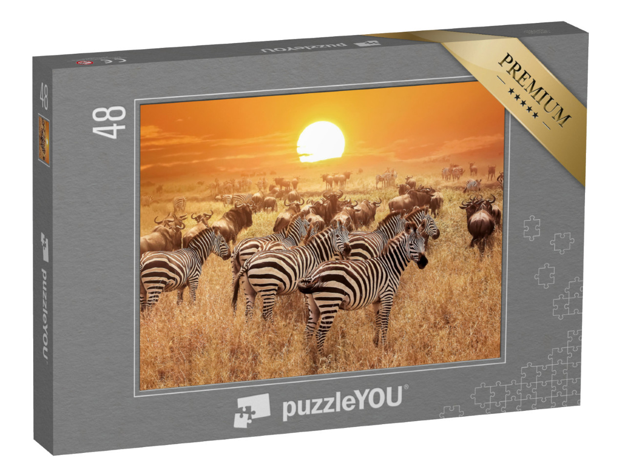 puzzle 48 dílků „Zebra při západu slunce v národním parku Serengeti, Afrika, Tanzanie“