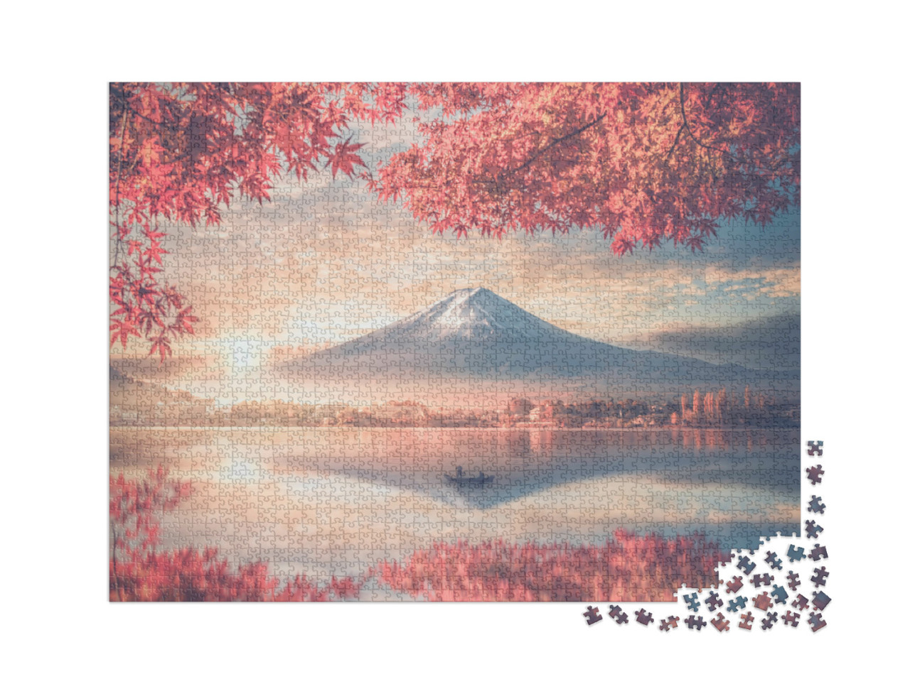 puzzle 2000 dílků „Fudži a jezero Kawaguchiko v ranní mlze, Japonsko“