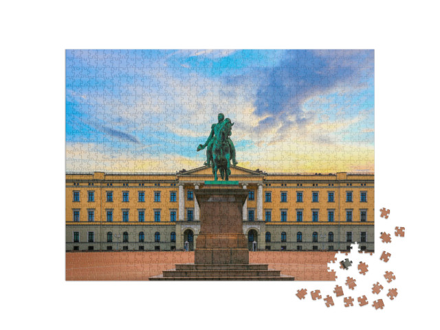 puzzle 1000 dílků „Královský palác a socha krále Karla Johana při západu slunce, Oslo“