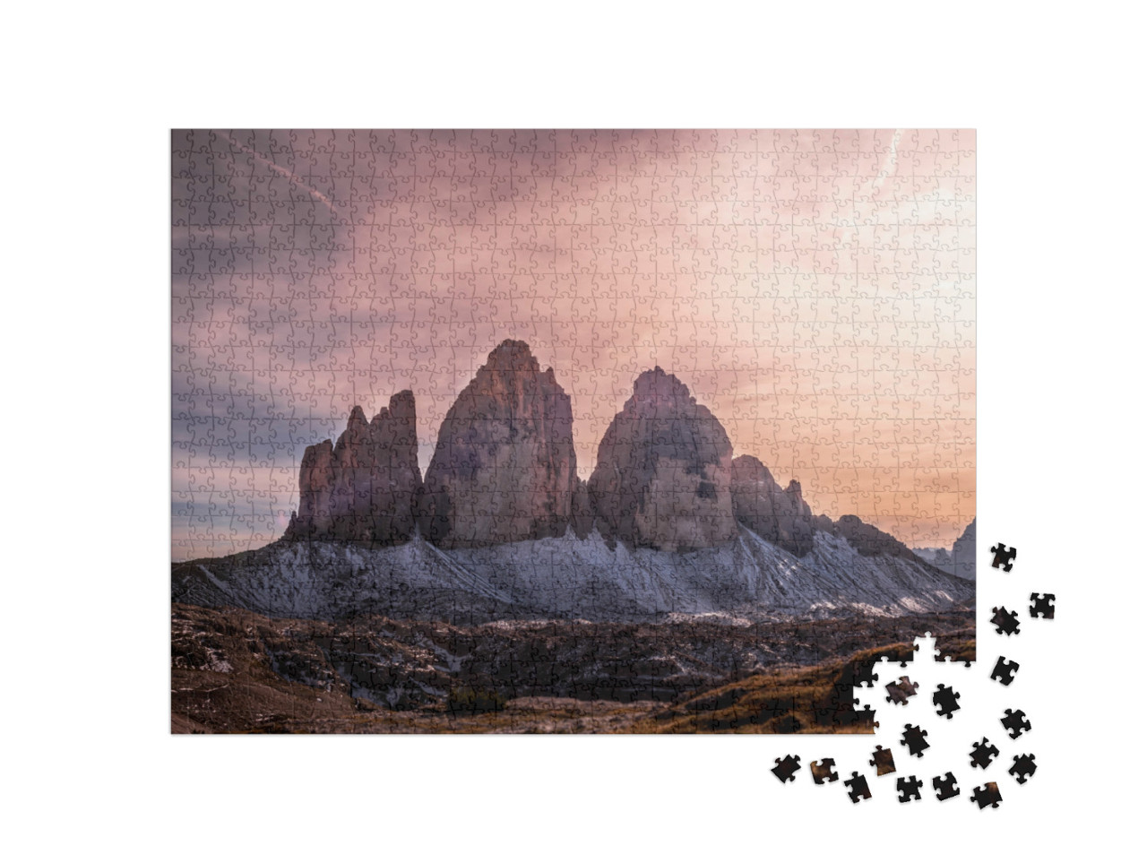 puzzle 1000 dílků „Tři vrcholy v národním parku Sesto: západ slunce v Dolomitech“