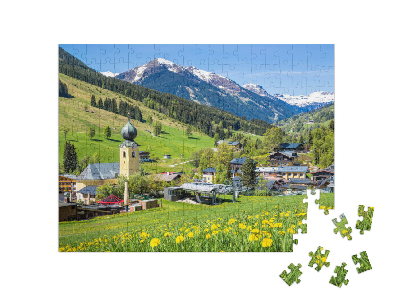 puzzle 200 dílků „Pohled na obec Saalbach v létě, Rakousko“