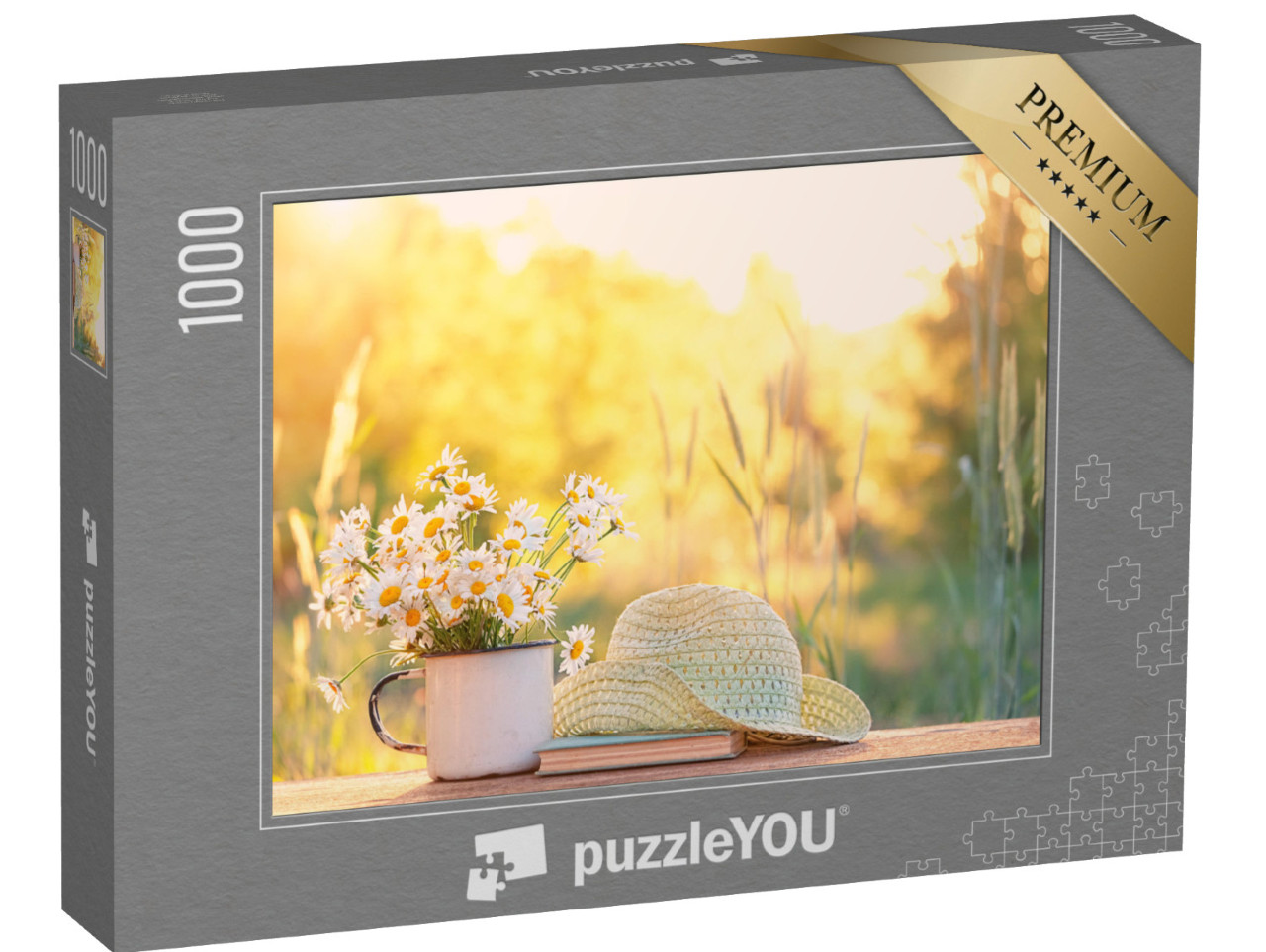 puzzle 1000 dílků „Kytice sedmikrásek vedle knihy a slaměného klobouku“