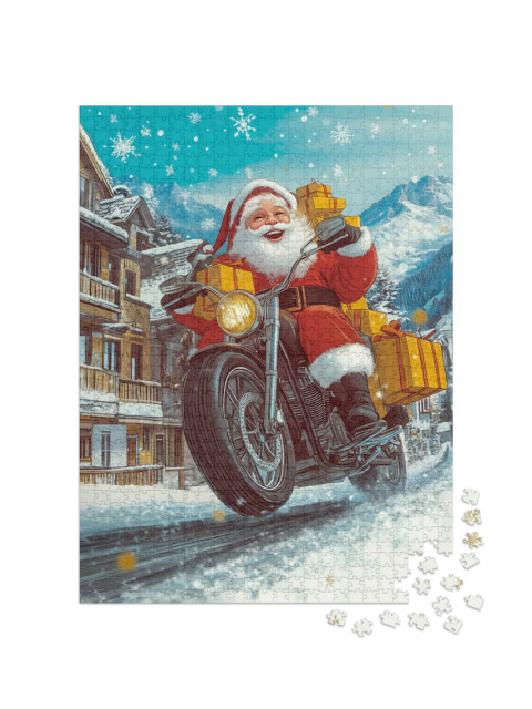 puzzle 1000 dílků „Santa rozdává dárky na motorce“