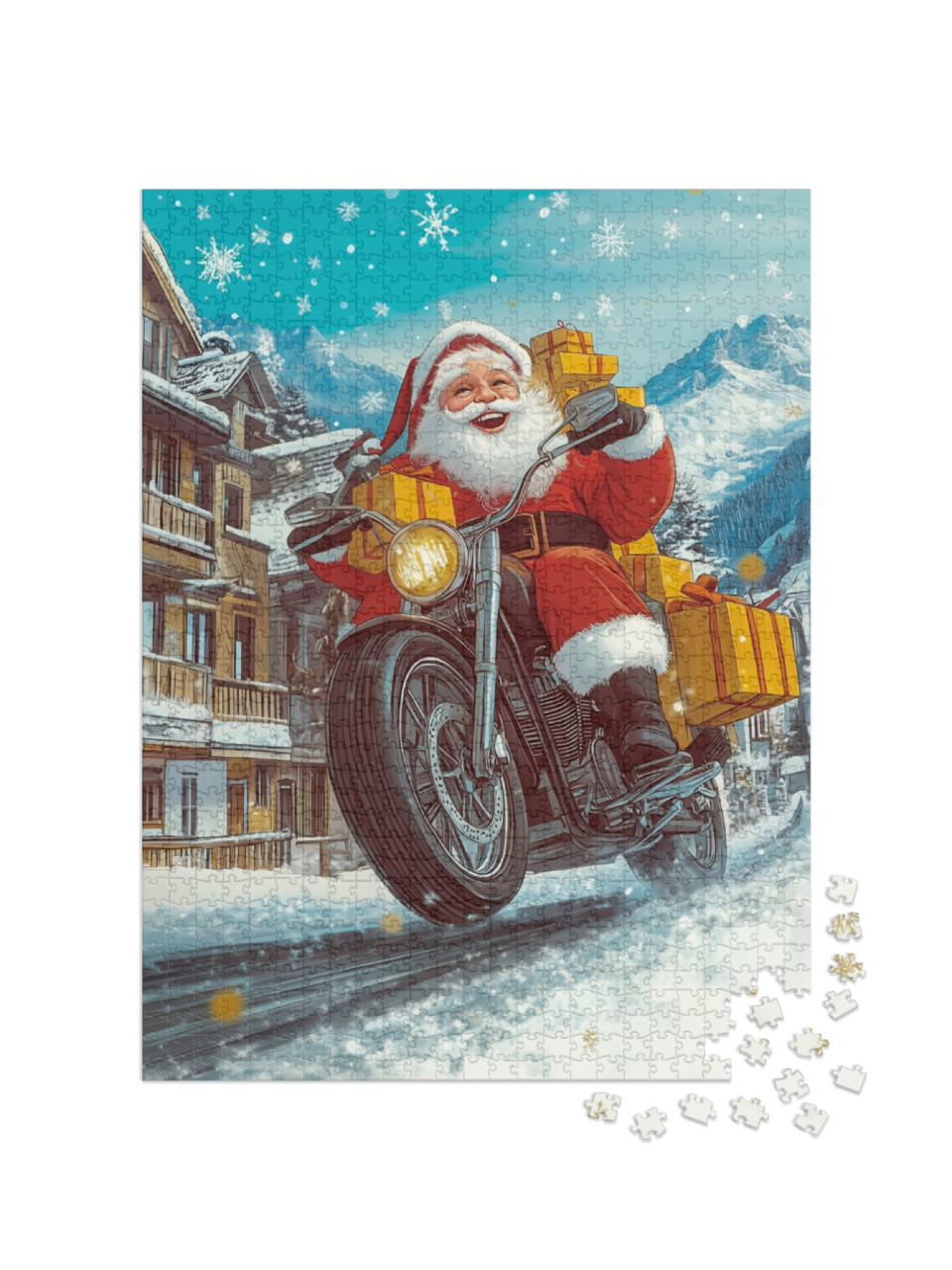 puzzle 1000 dílků „Santa rozdává dárky na motorce“