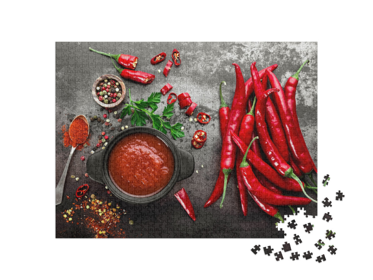 puzzle 1000 dílků „pálivá chilli omáčka, kečup“