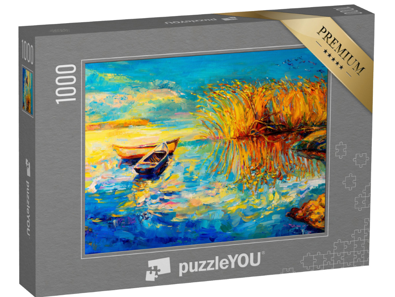 puzzle 1000 dílků „Olejomalba: Lodě na břehu jezera“