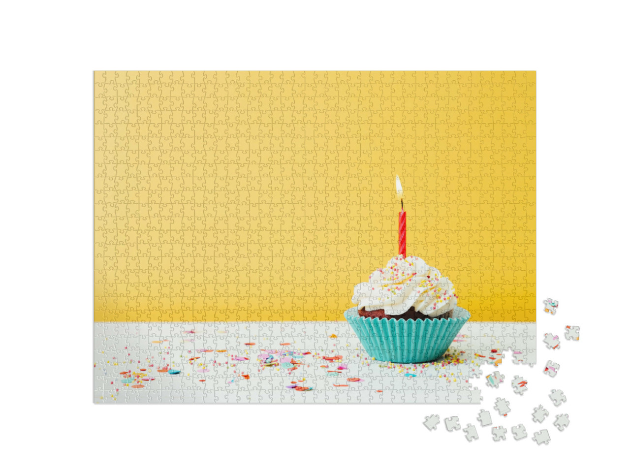 puzzle 1000 dílků „Barevný narozeninový dortík s jednou svíčkou a konfetami na...“