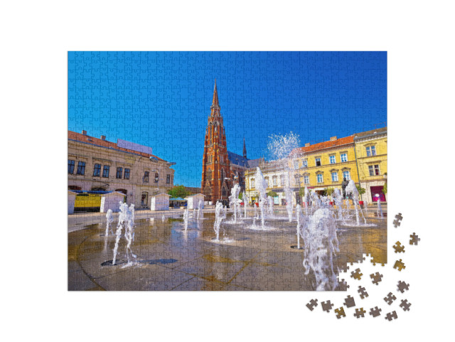 puzzle 1000 dílků „Osijek: Hlavní náměstí s kašnou a katedrálou, Chorvatsko“