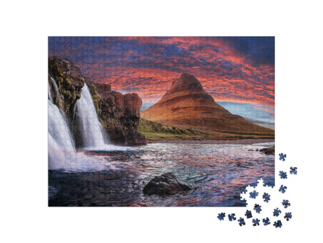 puzzle 1000 dílků „Majestátní kostelní hora a vodopády na Islandu“