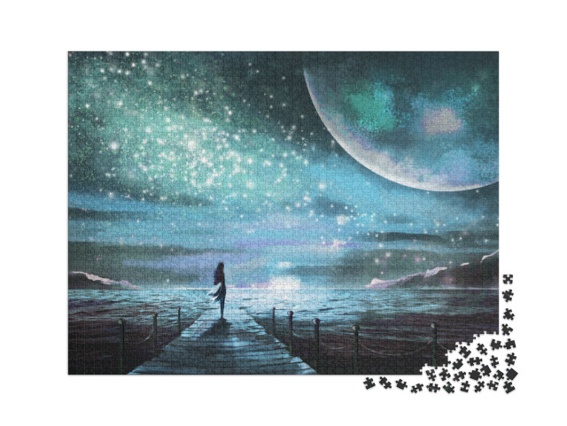 puzzle 2000 dílků „Fantasy ilustrace: Mladá žena hledící na galaxii“