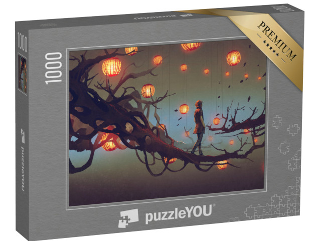 puzzle 1000 dílků „Iluzivní malba: Muž na větvi mezi lucernami“