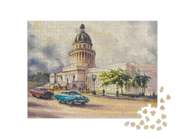 puzzle 1000 dílků „Stará americká klasická auta před Kapitolem, Havana, Kuba“