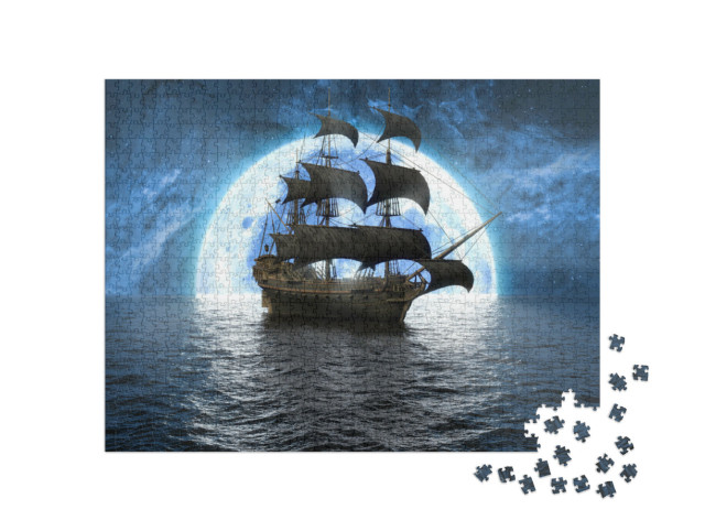 puzzle 1000 dílků „Ilustrace: Plachetnice na širém moři před obrovským úplňkem“