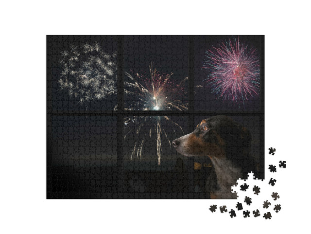 puzzle 1000 dílků „Pes se dívá z okna a sleduje ohňostroj...“