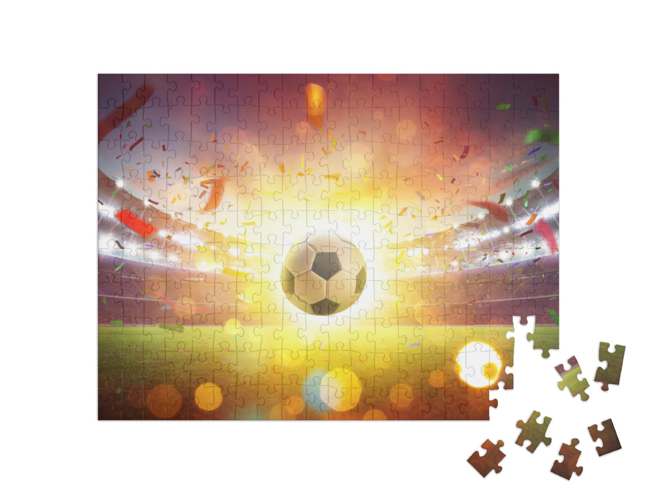 puzzle 200 dílků „Plovoucí fotbalový míč na fotbalovém stadionu“