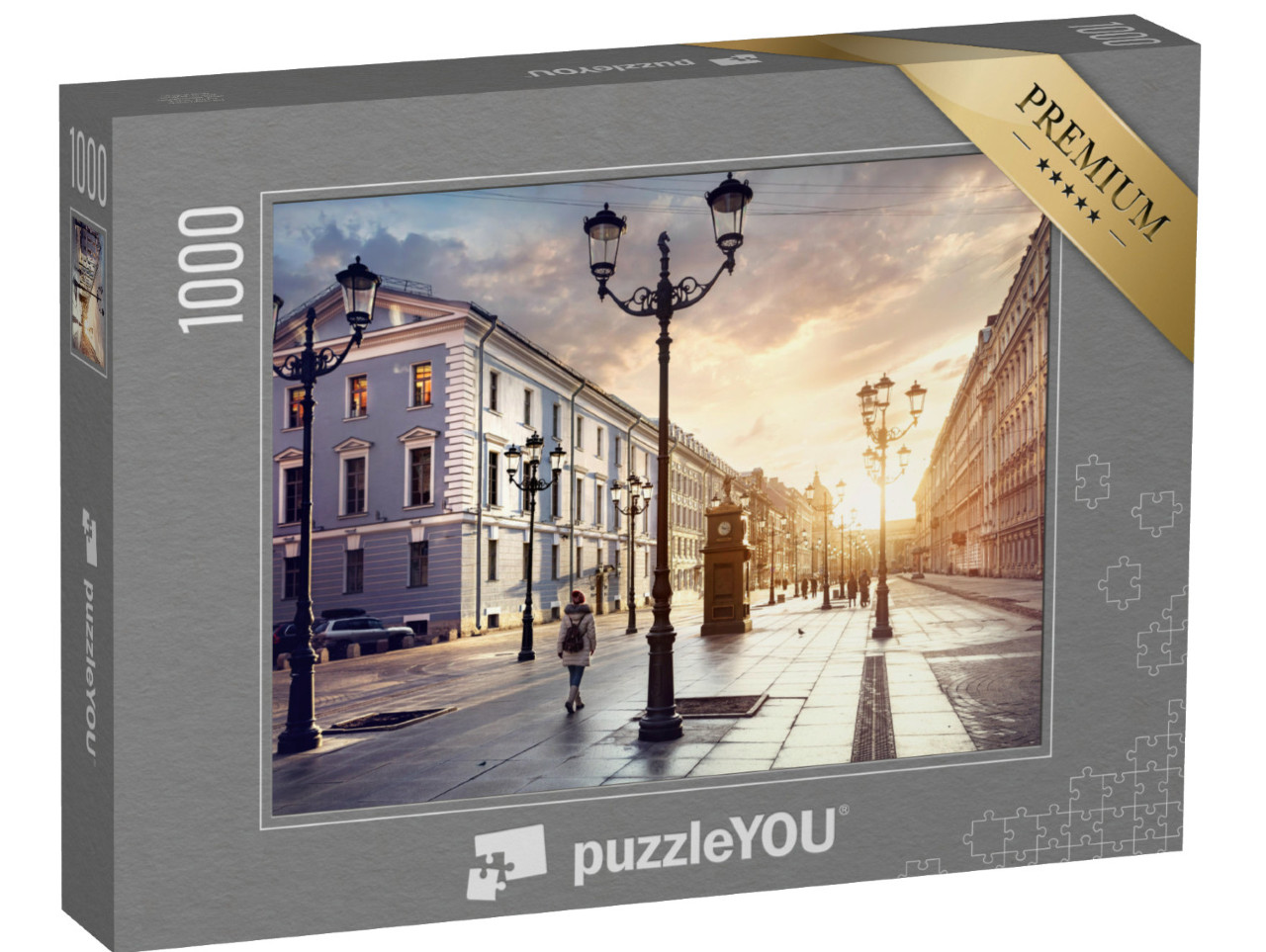 puzzle 1000 dílků „Žena na ulici s lucernami, Sank. Petersburg, Rusko“