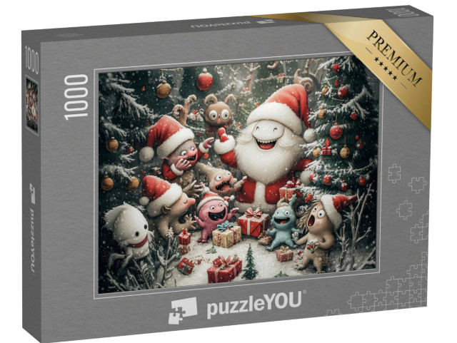 puzzle 1000 dílků „Roztomilé příšerky a lesní duchové slaví Vánoce v lese“