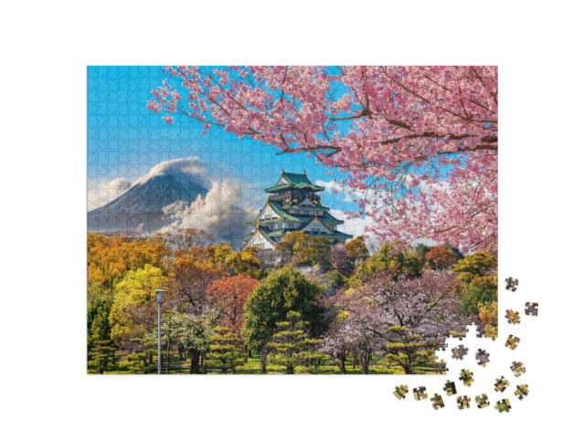 puzzle 1000 dílků „Třešňový květ na hradě Osaka a hora Fudži, Japonsko“