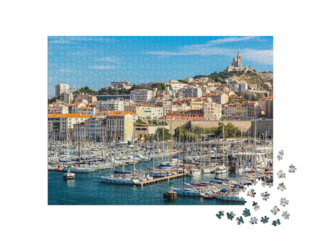 puzzle 1000 dílků „Bazilika Notre Dame de la Garde a starý přístav v Marseille, Francie“