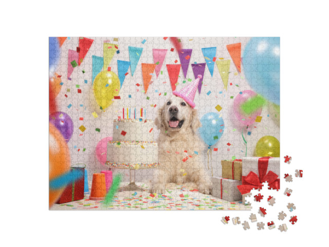 puzzle 1000 dílků „Labradorský retrívr s narozeninovým dortem a kloboukem...“